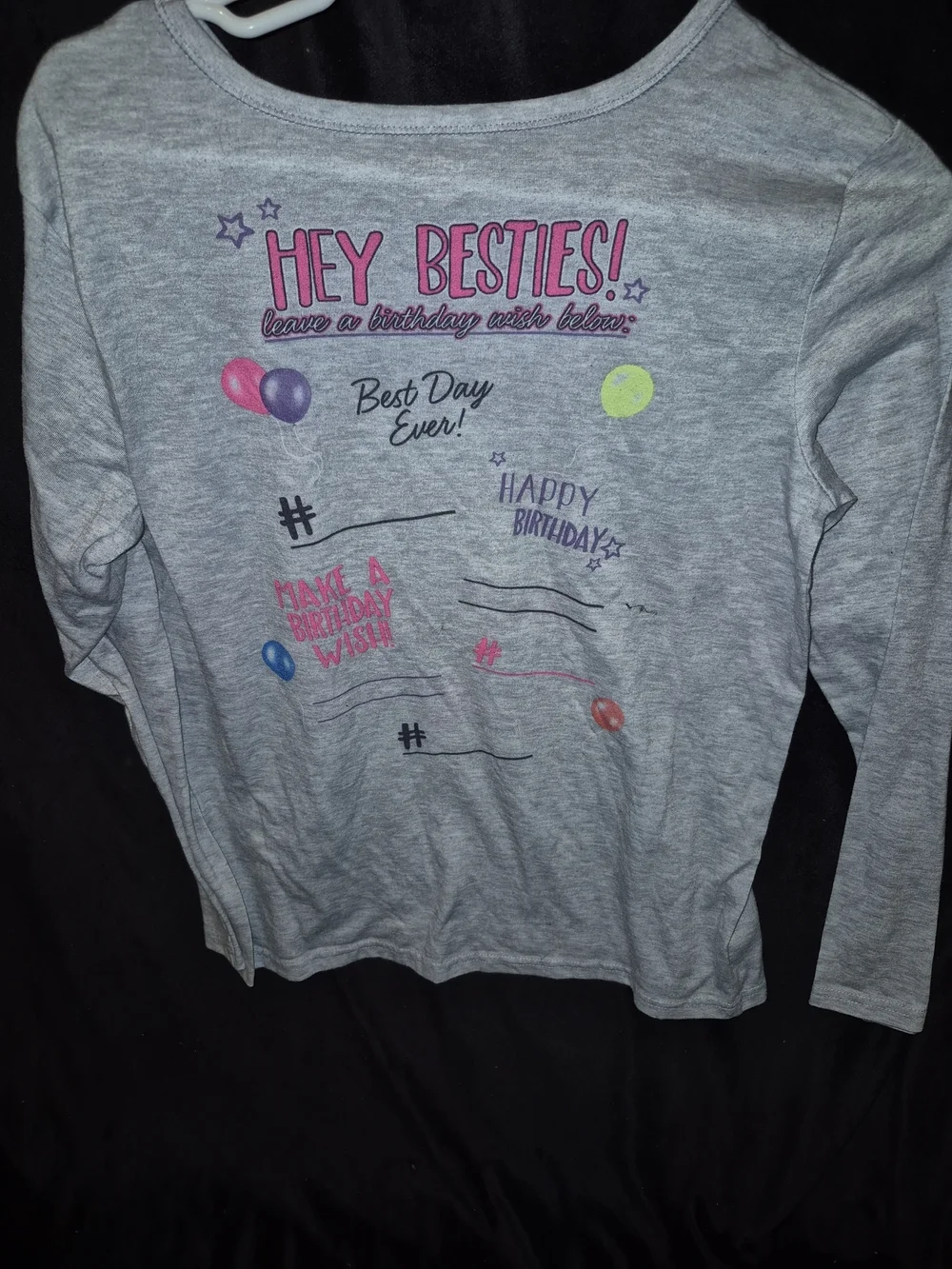 Justice Gray Long Sleeve Top with Colorful Balloon Birthday Graphic